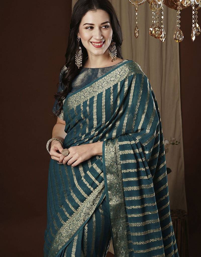 Teal zari woven striped  georgette kanjeevaram saree