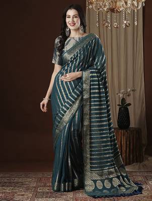Teal zari woven striped  georgette kanjeevaram saree 2