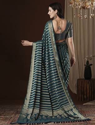 Teal zari woven striped  georgette kanjeevaram saree 3
