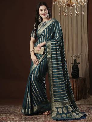 Teal zari woven striped  georgette kanjeevaram saree 4