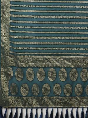 Teal zari woven striped  georgette kanjeevaram saree 5