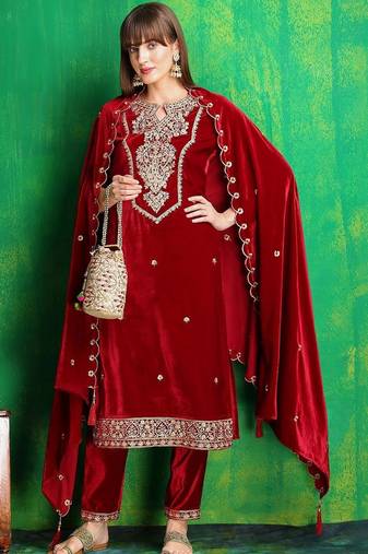 women ethnic motifs embroidered regular thread work velvet kurta with trousers & with dupatta