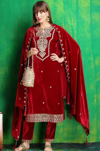 women ethnic motifs embroidered regular thread work velvet kurta with trousers & with dupatta