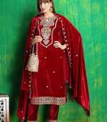 women ethnic motifs embroidered regular thread work velvet kurta with trousers & with dupatta