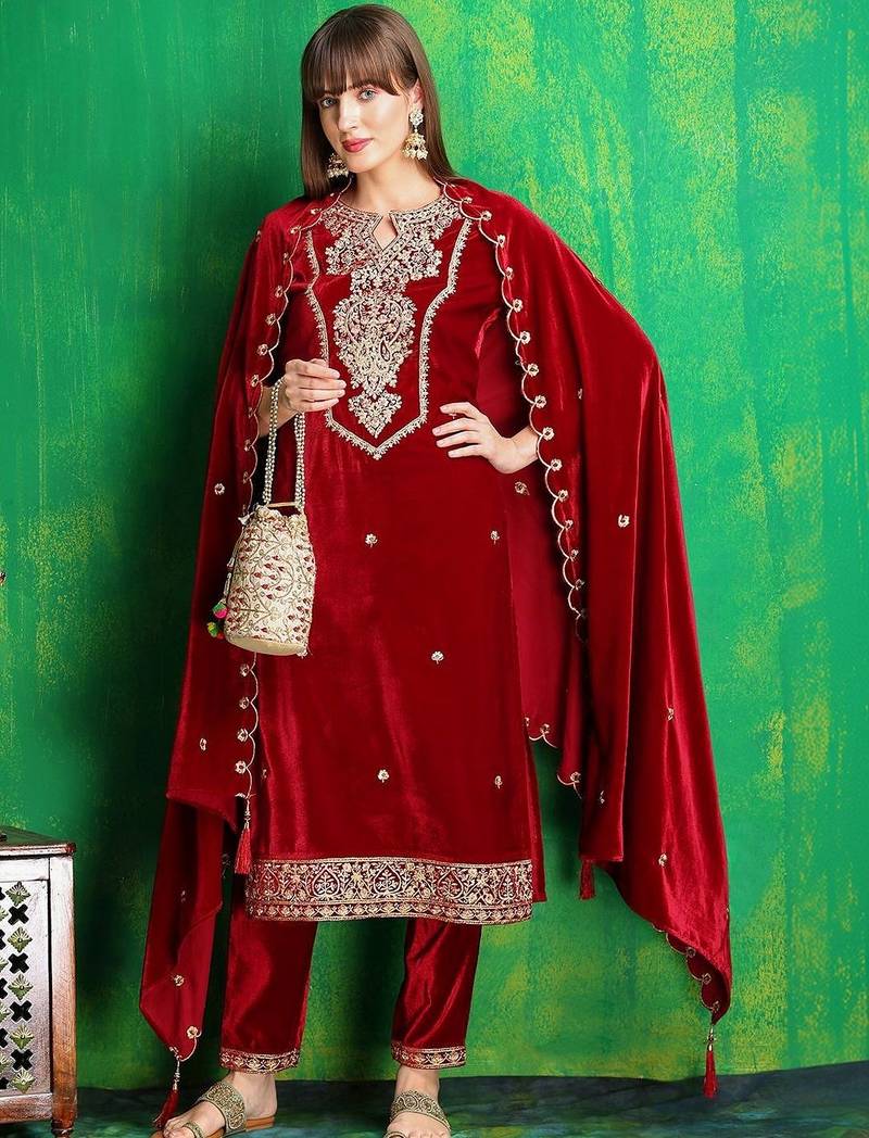 women ethnic motifs embroidered regular thread work velvet kurta with trousers & with dupatta