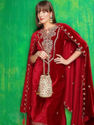 women ethnic motifs embroidered regular thread work velvet kurta with trousers & with dupatta 2