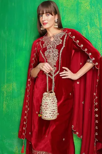 women ethnic motifs embroidered regular thread work velvet kurta with trousers & with dupatta