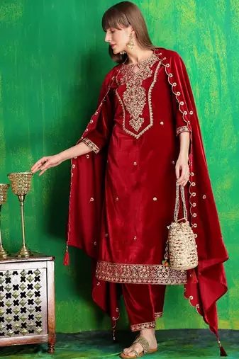 women ethnic motifs embroidered regular thread work velvet kurta with trousers & with dupatta