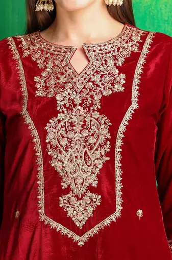 women ethnic motifs embroidered regular thread work velvet kurta with trousers & with dupatta