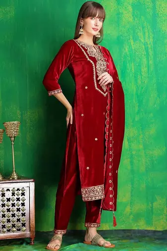 women ethnic motifs embroidered regular thread work velvet kurta with trousers & with dupatta