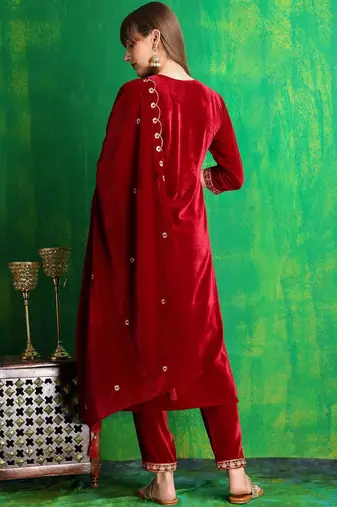 women ethnic motifs embroidered regular thread work velvet kurta with trousers & with dupatta