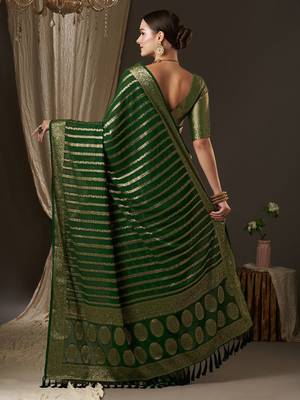 Green green & gold-toned woven design zari  georgette kanjeevaram saree 2