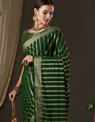 Green green & gold-toned woven design zari  georgette kanjeevaram saree 4