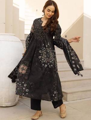 women leheriya printed pleated  cotton kurta with palazzos & with dupatta 1