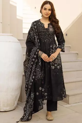 women leheriya printed pleated  cotton kurta with palazzos & with dupatta
