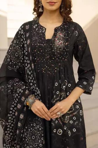 women leheriya printed pleated  cotton kurta with palazzos & with dupatta