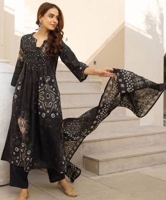 women leheriya printed pleated  cotton kurta with palazzos & with dupatta 6