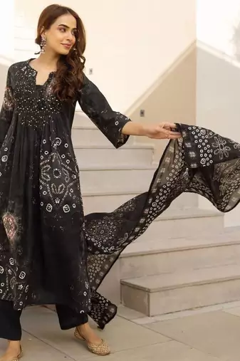 women leheriya printed pleated  cotton kurta with palazzos & with dupatta