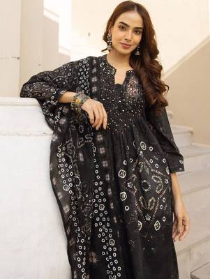 women leheriya printed pleated  cotton kurta with palazzos & with dupatta 7