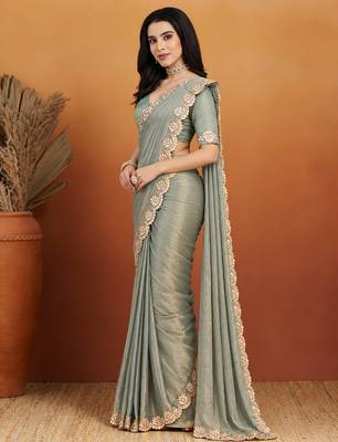 Shoulder pre-pleated solid two-tone pure chiffon ready to wear saree with aari work 3