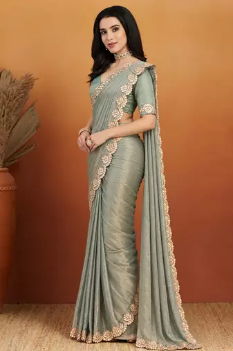 Shoulder pre-pleated solid two-tone pure chiffon ready to wear saree with aari work