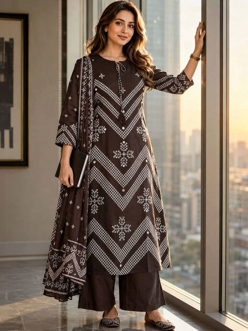 women ethnic motifs printed regular mirror work  cotton kurta with palazzos & with dupatta