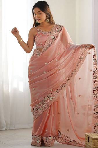 Peach embellished sequinned organza saree