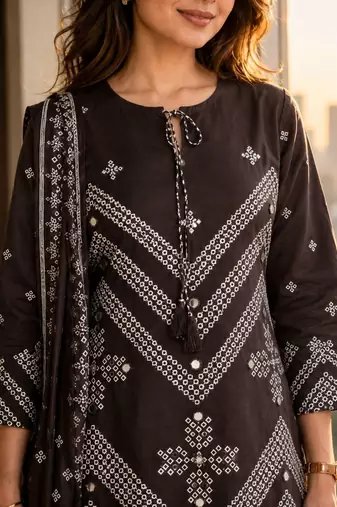 women ethnic motifs printed regular mirror work  cotton kurta with palazzos & with dupatta