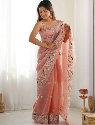Peach embellished sequinned organza saree 2