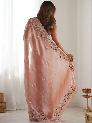 Peach embellished sequinned organza saree 3