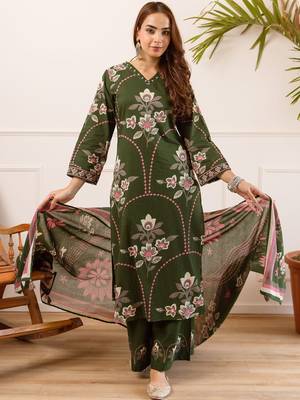 women floral embroidered beads and stones  cotton kurta with palazzos & with dupatta 1