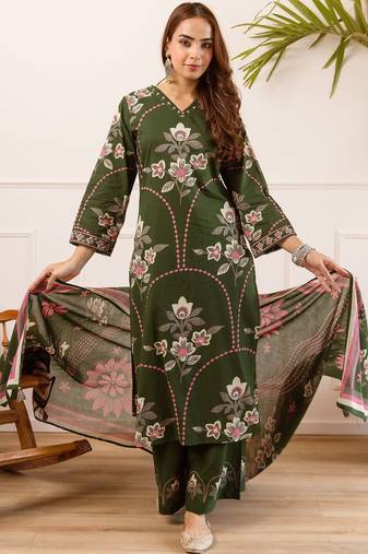 women floral embroidered beads and stones  cotton kurta with palazzos & with dupatta