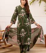 women floral embroidered beads and stones  cotton kurta with palazzos & with dupatta