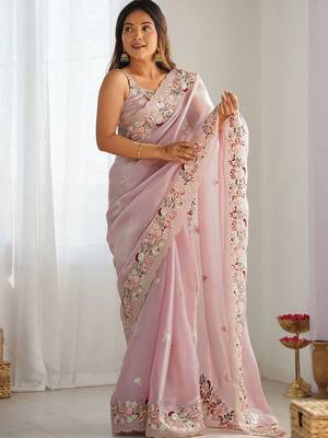Pink embellished sequinned organza saree 1