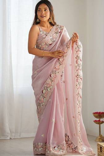 Pink embellished sequinned organza saree