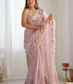 Pink embellished sequinned organza saree