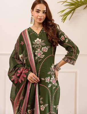 women floral embroidered beads and stones  cotton kurta with palazzos & with dupatta 2
