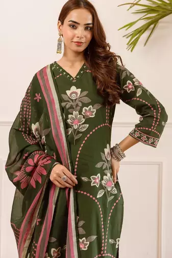 women floral embroidered beads and stones  cotton kurta with palazzos & with dupatta