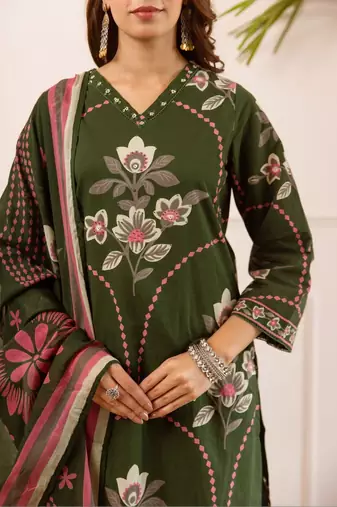 women floral embroidered beads and stones  cotton kurta with palazzos & with dupatta