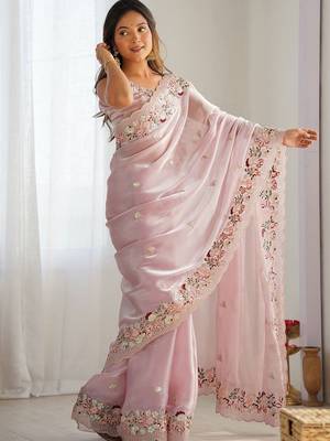 Pink embellished sequinned organza saree 2