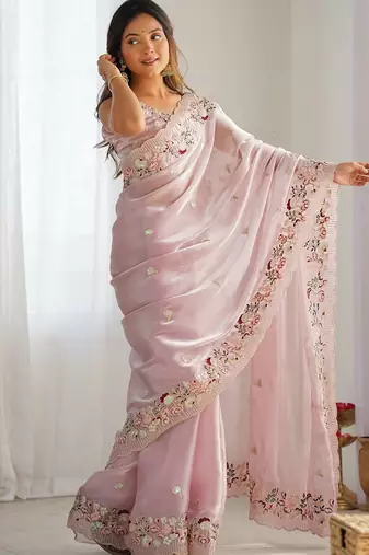 Pink embellished sequinned organza saree
