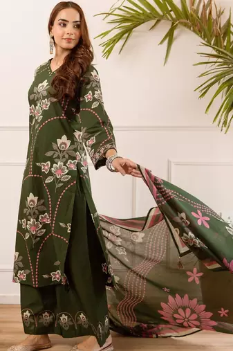 women floral embroidered beads and stones  cotton kurta with palazzos & with dupatta