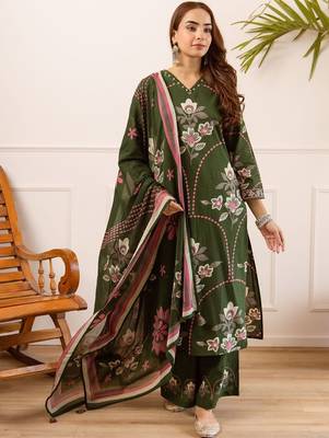 women floral embroidered beads and stones  cotton kurta with palazzos & with dupatta 6