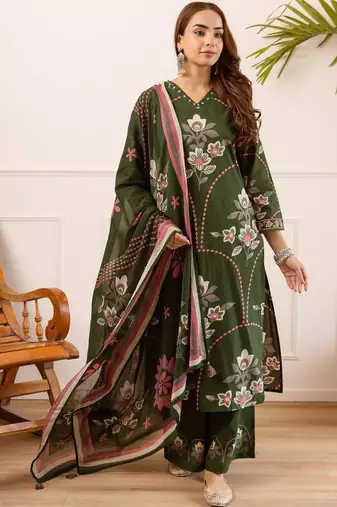 women floral embroidered beads and stones  cotton kurta with palazzos & with dupatta