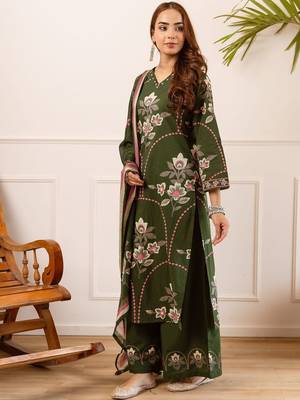 women floral embroidered beads and stones  cotton kurta with palazzos & with dupatta 7