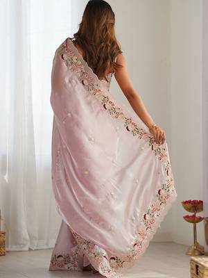 Pink embellished sequinned organza saree 3