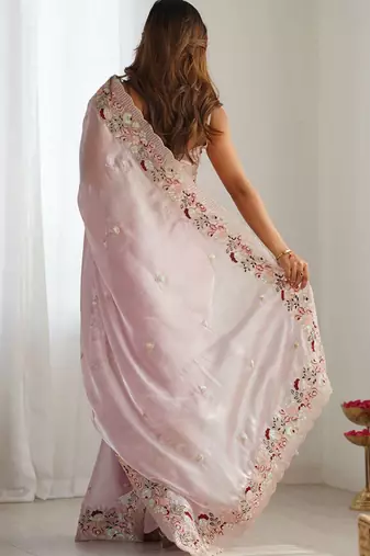 Pink embellished sequinned organza saree