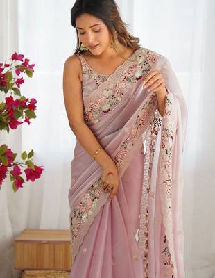 Pink embellished sequinned organza saree 4
