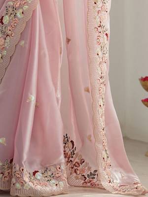 Pink embellished sequinned organza saree 5