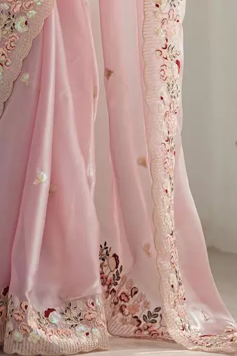 Pink embellished sequinned organza saree